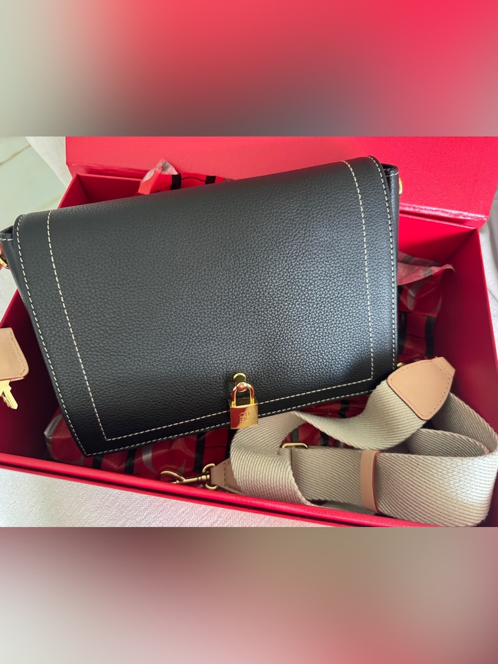 Carolina Herrera Large Black Leather Crossbody Bag with Gold Lock